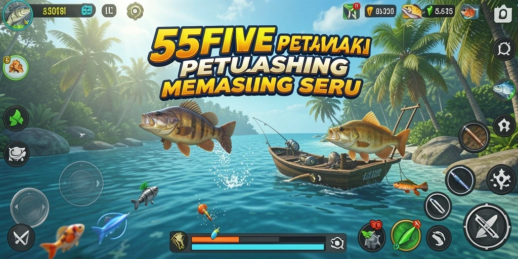 Screenshot 55FIVE menunjukkan pemain sedang memancing di danau yang indah.