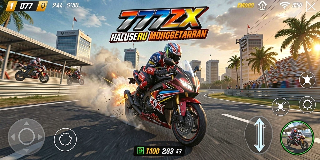Tampilan gameplay seru dalam balapan motor yang mendebarkan.