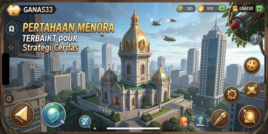 Tangkapan layar gameplay GANAS33 menampilkan menara dan musuh yang memukau.