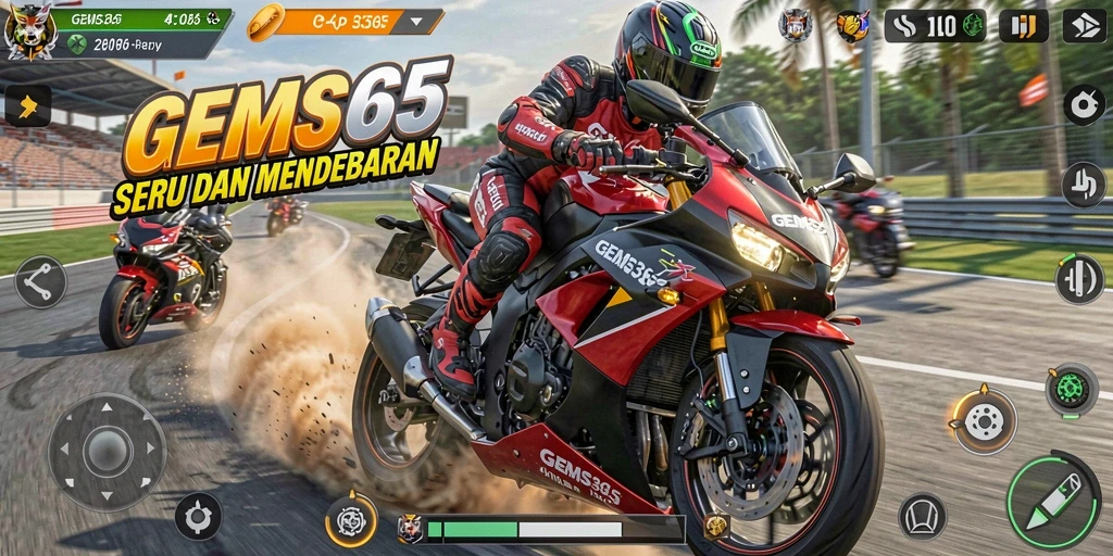 Screenshot gameplay GEMS365 menampilkan balapan motor yang mendebarkan.