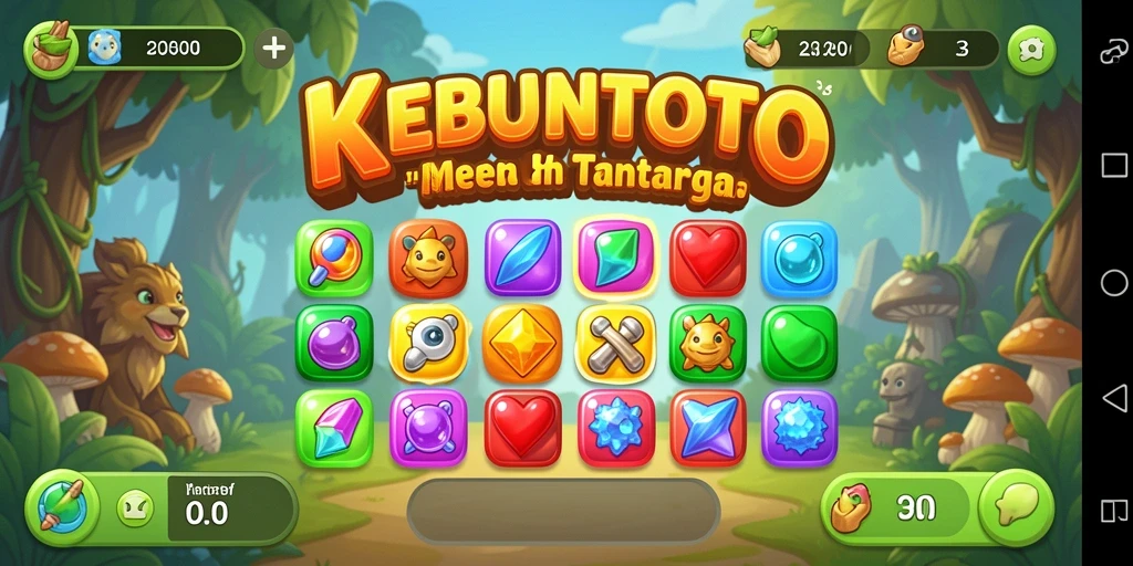 Tangkapan layar KEBUNTOTO menunjukkan gameplay Match-3 yang seru dan berwarna.