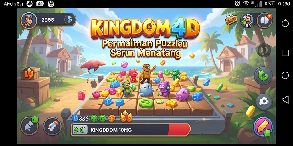 Tampilan gameplay KINGDOM4D dengan teka-teki menarik dan warna-warna cerah.