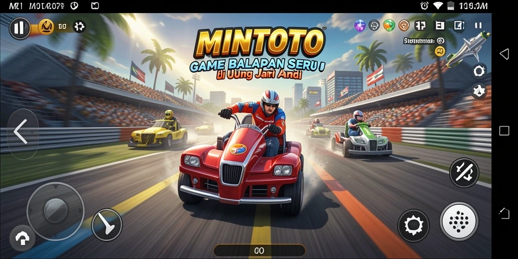 Tampilan gameplay MINTOTO menampilkan action balapan penuh adrenalin.