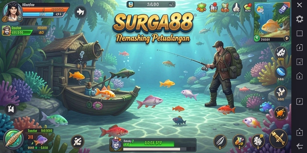 Tampilan gameplay SURGA88 dengan ikan beraneka ragam dan lokasi memancing yang indah.