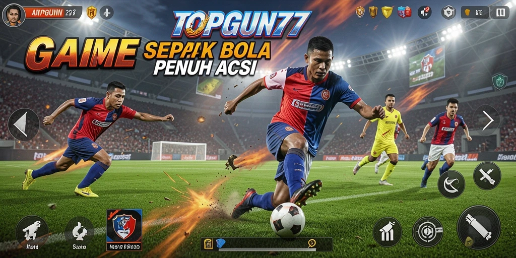 Screenshot utama gameplay TOPGUN77 menampilkan aksi seru di lapangan sepak bola.