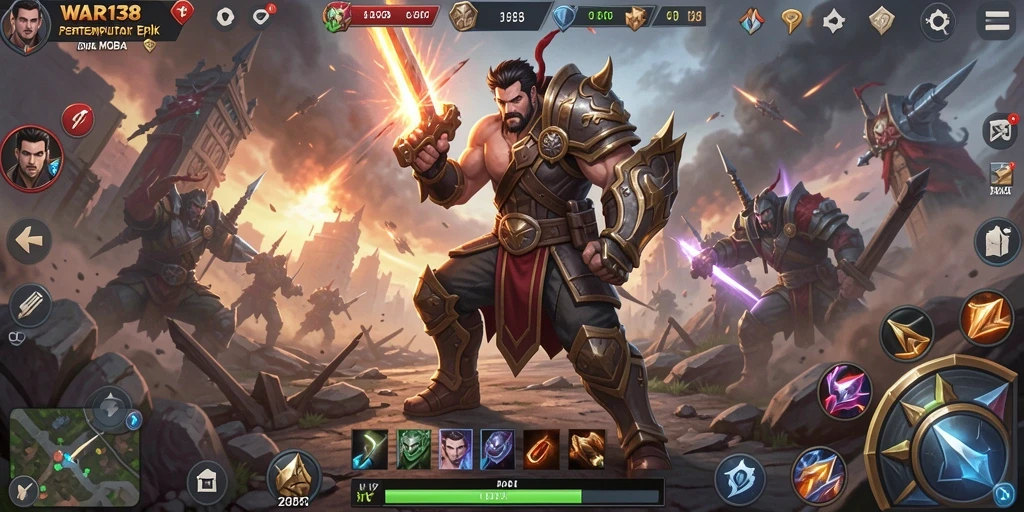 Tangkapan layar dari gameplay seru WAR138 dalam pertempuran MOBA.